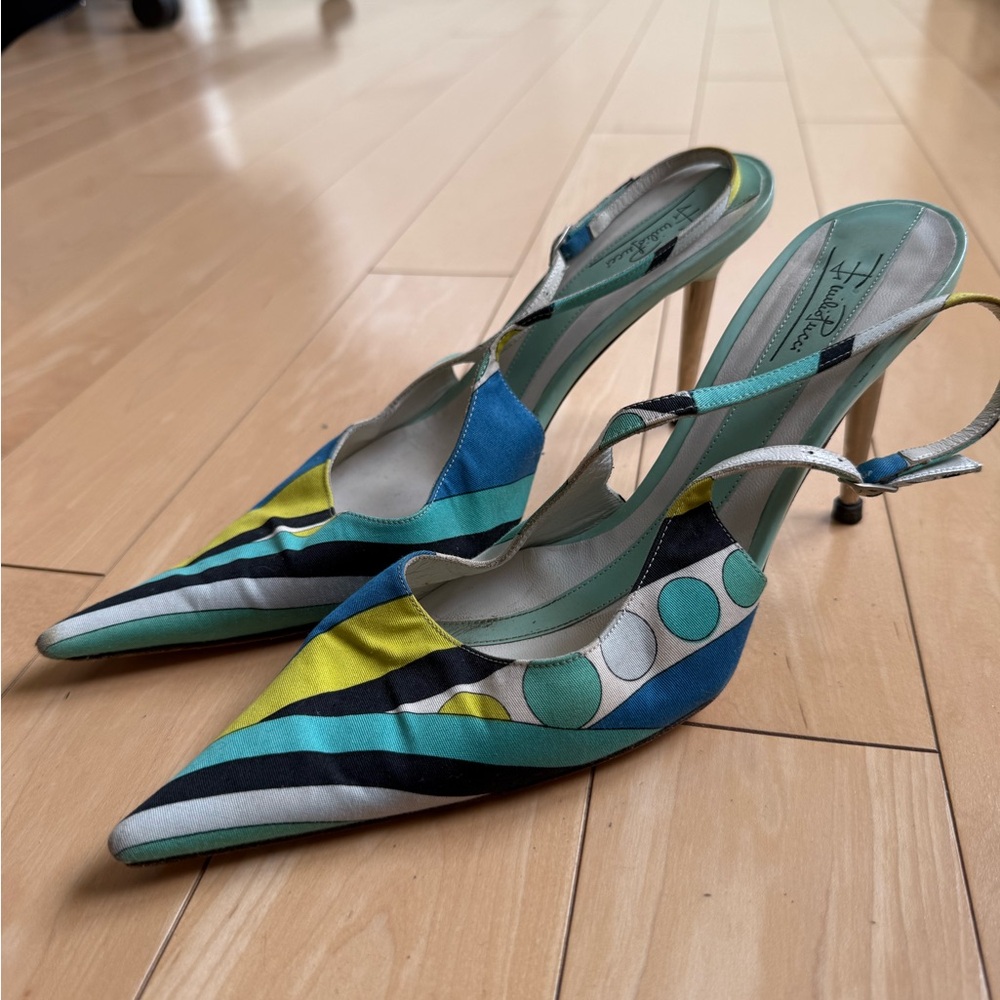 Emilio Pucci Blue and Yellow Slingback Heels